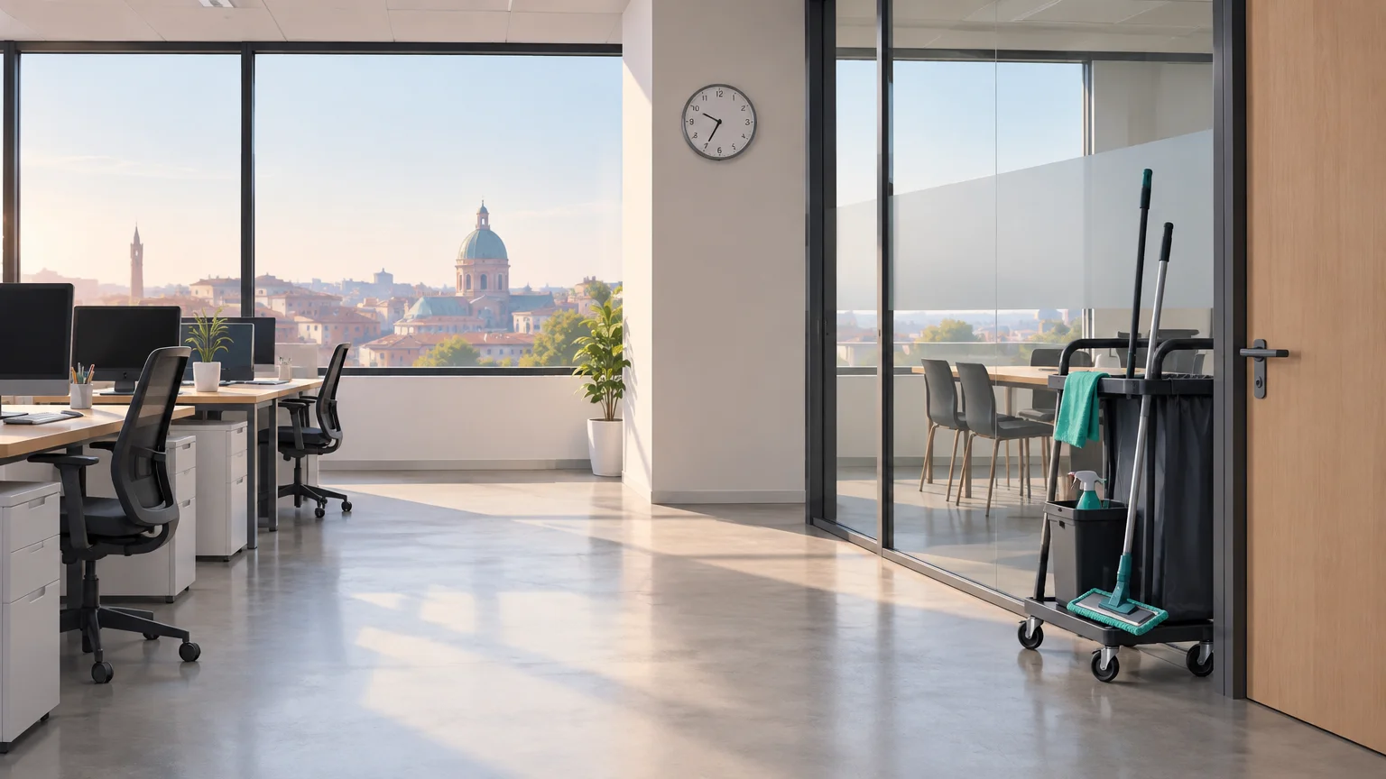 Bureau vide tôt le matin avec une horloge et un chariot de nettoyage